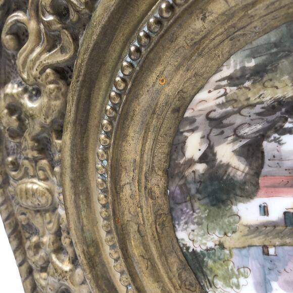 Antique Embossed Brass Frame Hand Painted Miniature Landscape Decor 12" Dia - Picture 7 of 12